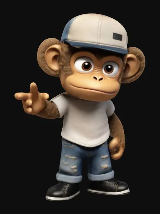 3D model for A stylized cartoon monkey with Hispanic features, curly shaggy hair under a backwards cap. He has a youthful, handsome face with brooding features. He wears a t-shirt, denim jeans, and black sneakers with black soles. His fur is warm brown with subtle shading. Standing in a T-pose, arms straight out to the sides. The model is clean, smooth, and optimized for animation, with a blend of cartoon and semi-realistic aesthetics