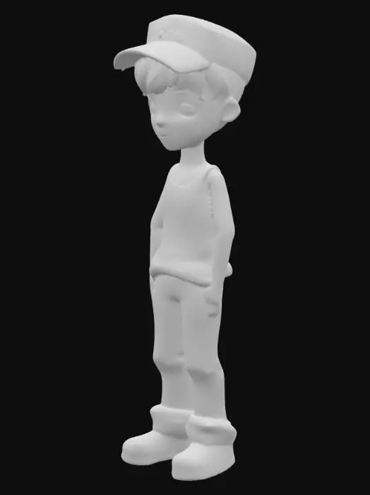 3D model for A stylized 3D character of a boy wearing a red tank top and blue jeans. He has slightly square-shaped facial features, short hair with bangs that do not reach the shoulders, and a casual cap on his head. The style should be appealing and youthful, with a balanced cartoon-like aesthetic.