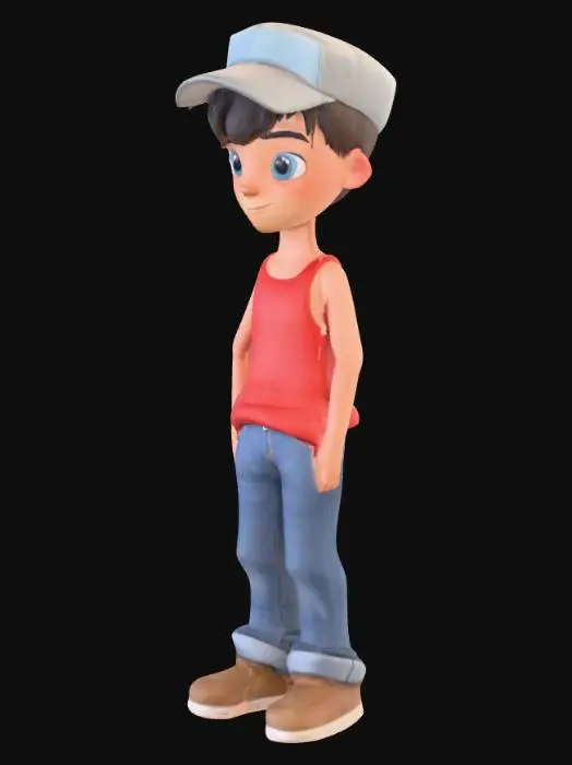 3D model for A stylized 3D character of a boy wearing a red tank top and blue jeans. He has slightly square-shaped facial features, short hair with bangs that do not reach the shoulders, and a casual cap on his head. The style should be appealing and youthful, with a balanced cartoon-like aesthetic.