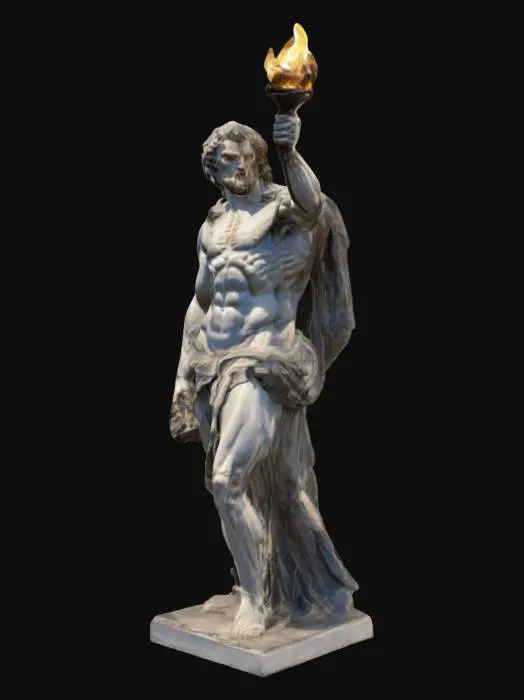 3D model for Statue of Prometheus holding a torch in one hand, standing triumphant, muscular build, great quality