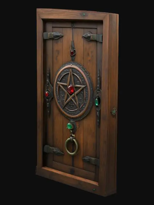 3D model for Mystical oak wood door with visible grain and aged texture. In the center, a large engraved or inlaid pentacle made of dark metal (black iron or antique bronze), surrounded by subtle magical runes. Forged iron hinges, studs, and a heavy ring handle. Small gemstones (red garnet, green emerald, blue sapphire) embedded in the pentacle or frame. Symmetrical, enchanted design with fantasy or druidic style. Clean mesh, no background, suitable for game asset or sculpting. Full 3D object, realistic proportions.