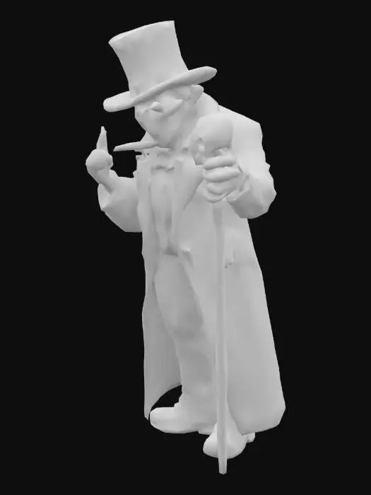 3D model for A realistic 3D character inspired by Baron Samedi, designed for a dark fantasy video game. He wears a black top hat with a skull emblem, a Victorian-style black coat with purple and red accents, and bone jewelry. His face is painted like a skull (voodoo-style), with glowing eyes and a devilish grin. He smokes a cigar and carries a walking cane with a skull on top. His look is a mix of elegance and death, with voodoo symbols on his clothes and mystical talismans hanging from his belt. He stands in a charismatic but menacing pose. The character is humanoid and fully rigged for animation in Unreal Engine. Stylized realism, high detail, dark magical aura, eerie lighting, game-ready model.