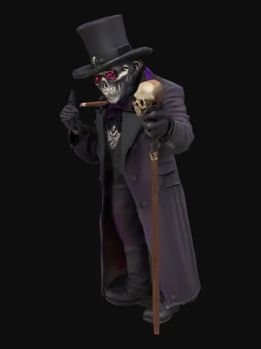3D model for A realistic 3D character inspired by Baron Samedi, designed for a dark fantasy video game. He wears a black top hat with a skull emblem, a Victorian-style black coat with purple and red accents, and bone jewelry. His face is painted like a skull (voodoo-style), with glowing eyes and a devilish grin. He smokes a cigar and carries a walking cane with a skull on top. His look is a mix of elegance and death, with voodoo symbols on his clothes and mystical talismans hanging from his belt. He stands in a charismatic but menacing pose. The character is humanoid and fully rigged for animation in Unreal Engine. Stylized realism, high detail, dark magical aura, eerie lighting, game-ready model.