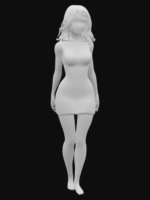 3D model for Humana adulta com corpo magro porém curvilíneo, cabelos negros, olhos incandescentes, pele clara, vestido tomara que caia acima do joelho com decote lateral, personalidade confiante *video game asset*