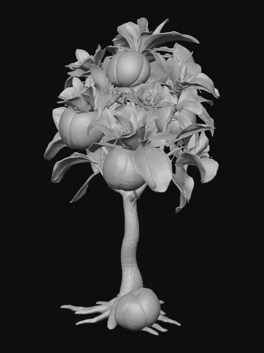3D model for 生成一个用于教学的展示桃树的模型，展示（根；茎；叶；花；果实；种子）控制模型面数，符合逻辑