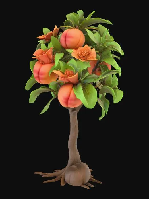 3D model for 生成一个用于教学的展示桃树的模型，展示（根；茎；叶；花；果实；种子）控制模型面数，符合逻辑