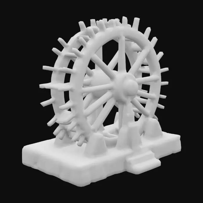 3D model for Create a detailed 3D model of a traditional wooden water wheel (Saqqiya) inspired by the cultural and architectural heritage of Fayoum, Egypt. The design should feature authentic wooden textures, hand-crafted details, and a weathered rustic appearance. The structure should include the main circular wheel with carved paddles, a sturdy wooden frame, and a stone base that reflects historical irrigation techniques. Integrate subtle decorative patterns influenced by Fayoum’s rural vernacular architecture. The model should feel grounded and symbolic, ideal for placement at a city entrance monument. Ensure realistic proportions and a culturally accurate look.
