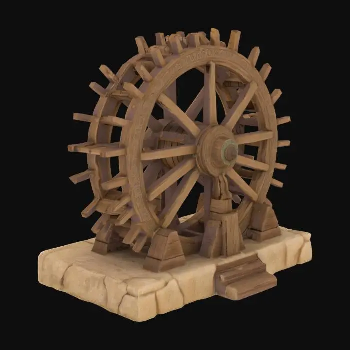 3D model for Create a detailed 3D model of a traditional wooden water wheel (Saqqiya) inspired by the cultural and architectural heritage of Fayoum, Egypt. The design should feature authentic wooden textures, hand-crafted details, and a weathered rustic appearance. The structure should include the main circular wheel with carved paddles, a sturdy wooden frame, and a stone base that reflects historical irrigation techniques. Integrate subtle decorative patterns influenced by Fayoum’s rural vernacular architecture. The model should feel grounded and symbolic, ideal for placement at a city entrance monument. Ensure realistic proportions and a culturally accurate look.
