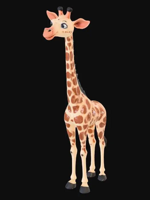 3D model for A towering, elegant reticulated giraffe, modeled with a gentle and observant expression, its form optimized for 3D printing with a smooth, matte finish. Its distinctive coat features sharp, polygonal brown patches separated by creamy white lines. Small, fur-covered ossicones adorn its head, above expressive eyes. Its long, delicate legs are poised, standing on a flat, low-profile, subtly textured base resembling sparse savannah ground, providing stability for its tall structure.
