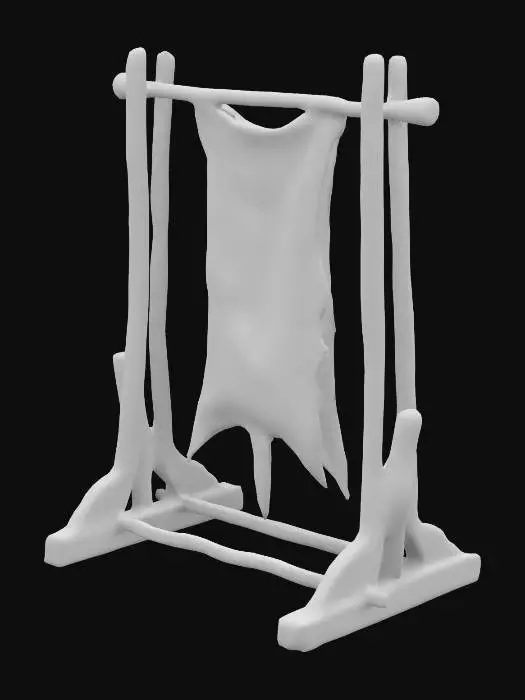 3D model for boar hide stretched on a wooden frame. frame standing. in the style of a game asset. unreal engine. detailed rendering.
