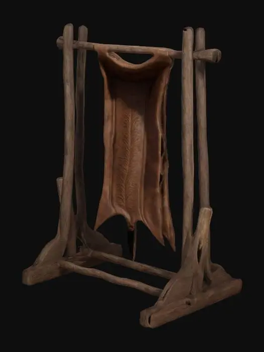 3D model for boar hide stretched on a wooden frame. frame standing. in the style of a game asset. unreal engine. detailed rendering.