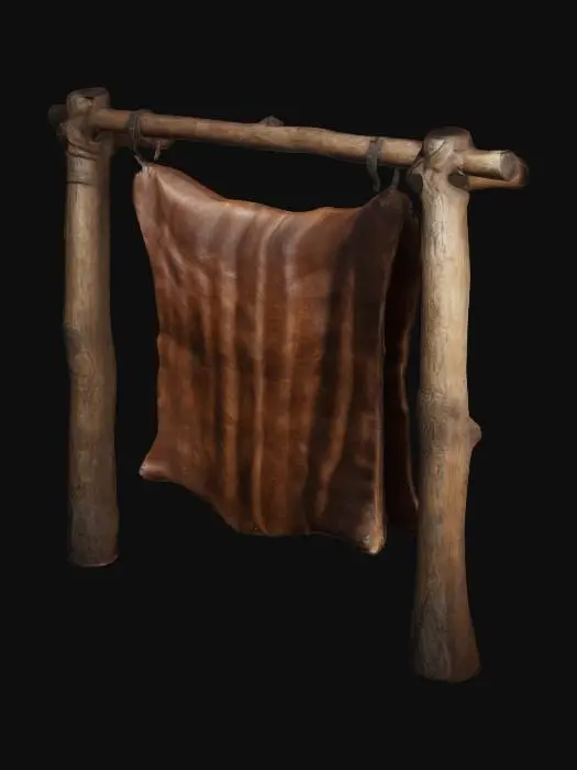 3D model for well lit boar hide stretched on a wooden frame. frame standing. in the style of a game asset. unreal engine. detailed rendering. rich texture with high contrasts.