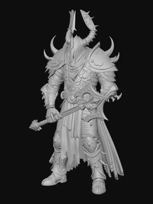 3D model for The object is a dark, helmeted, humanoid hellknight figure. intricate armor featuring jagged elements with a smooth yet rugged texture. the knights pose and features suggest a mysterious and intimidating character. It is a hellknight holding watch with a big morningstar. from pathfinder rpg. clad in dark metal and black cloth with dark purple-brown details.