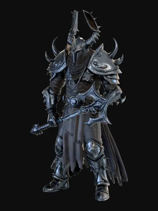 3D model for The object is a dark, helmeted, humanoid hellknight figure. intricate armor featuring jagged elements with a smooth yet rugged texture. the knights pose and features suggest a mysterious and intimidating character. It is a hellknight holding watch with a big morningstar. from pathfinder rpg. clad in dark metal and black cloth with dark purple-brown details.