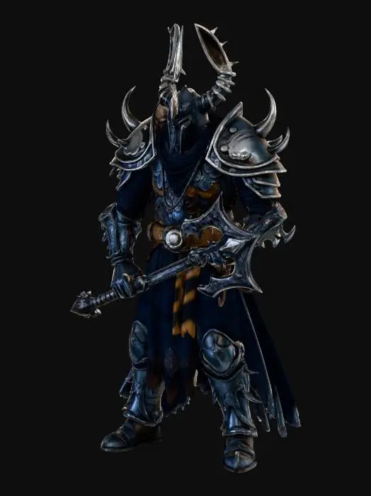 3D model for The object is a dark, helmeted, humanoid hellknight figure. intricate armor featuring jagged elements with a smooth yet rugged texture. the knights pose and features suggest a mysterious and intimidating character. It is a hellknight holding watch with a big morningstar. from pathfinder rpg. clad in dark metal and black cloth with dark purple-brown details.