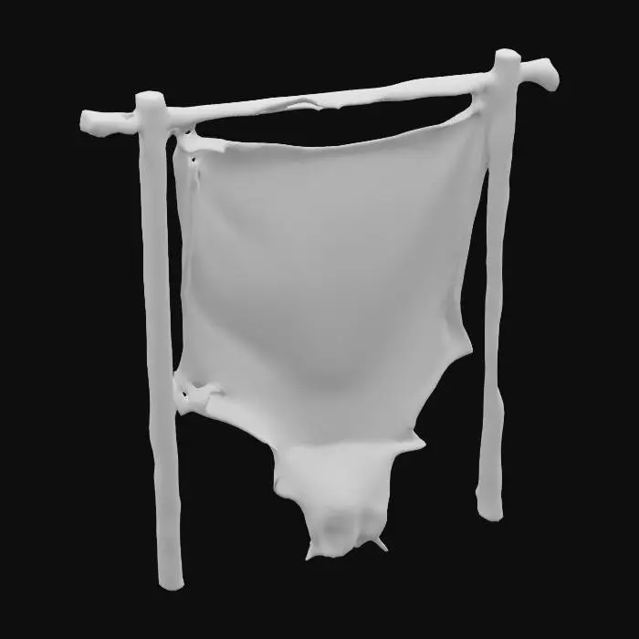 3D model for well lit boar hide stretched on a wooden frame. frame standing. in the style of a game asset. unreal engine. detailed rendering. rich texture with high contrasts.