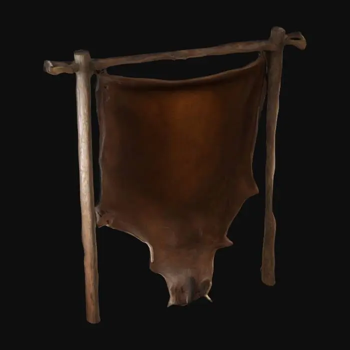 3D model for well lit boar hide stretched on a wooden frame. frame standing. in the style of a game asset. unreal engine. detailed rendering. rich texture with high contrasts.
