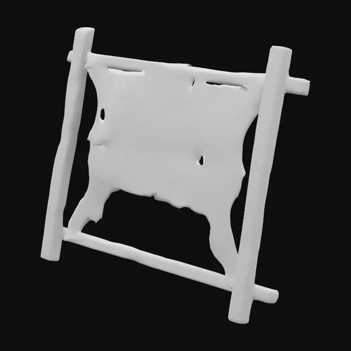 3D model for animal hide stretched on a wooden frame. frame standing. in the style of a game asset. unreal engine. detailed rendering.