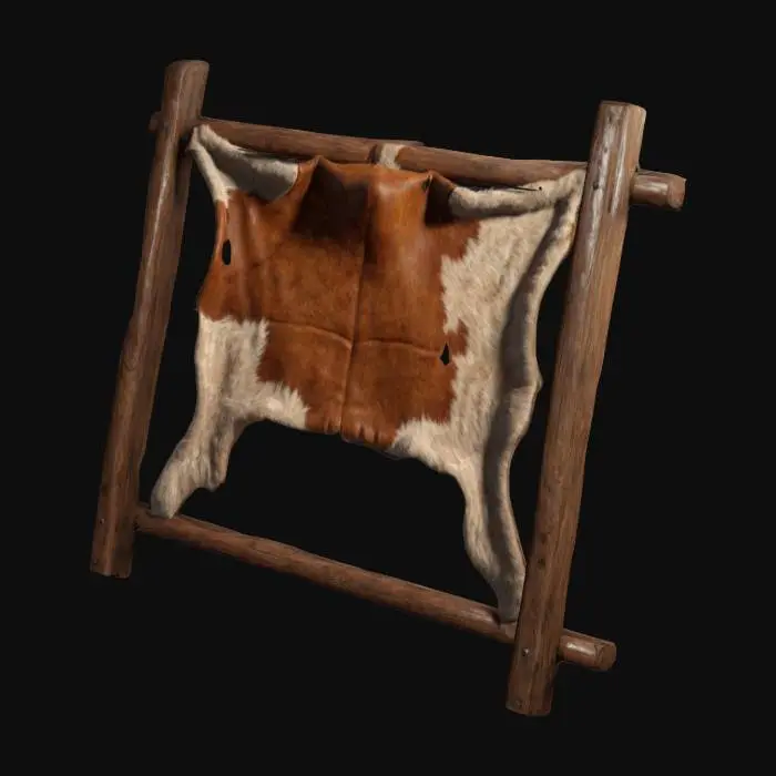 3D model for animal hide stretched on a wooden frame. frame standing. in the style of a game asset. unreal engine. detailed rendering.