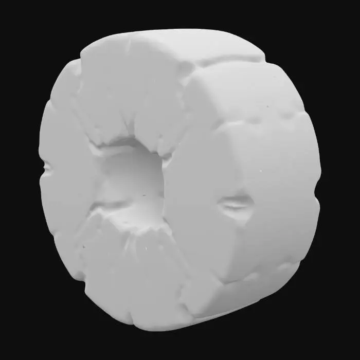 3D model for medieval millstone. hole in the middle. leaning. bright grey stone. granite. in the style of a game asset. unreal engine. detailed rendering. rich texture with high contrasts.