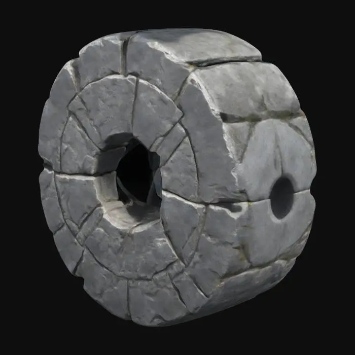 3D model for medieval millstone. hole in the middle. leaning. bright grey stone. granite. in the style of a game asset. unreal engine. detailed rendering. rich texture with high contrasts.