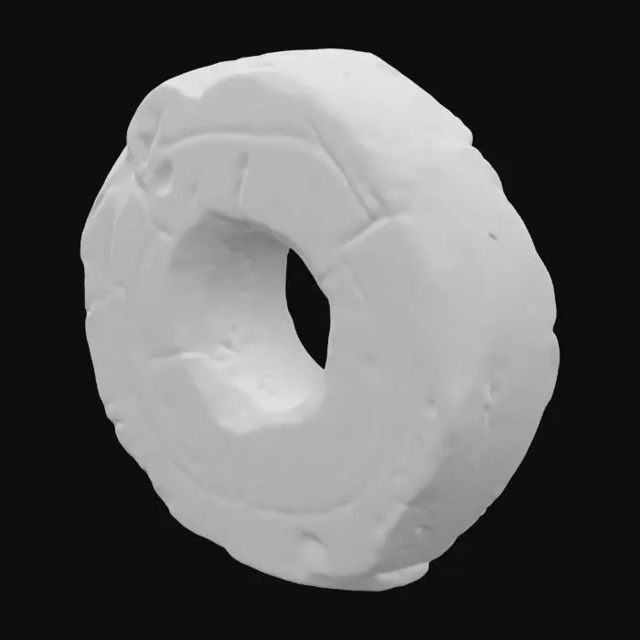 3D model for medieval millstone. hole in the middle. leaning. bright grey stone. granite. in the style of a game asset. unreal engine. detailed rendering. rich texture with high contrasts.