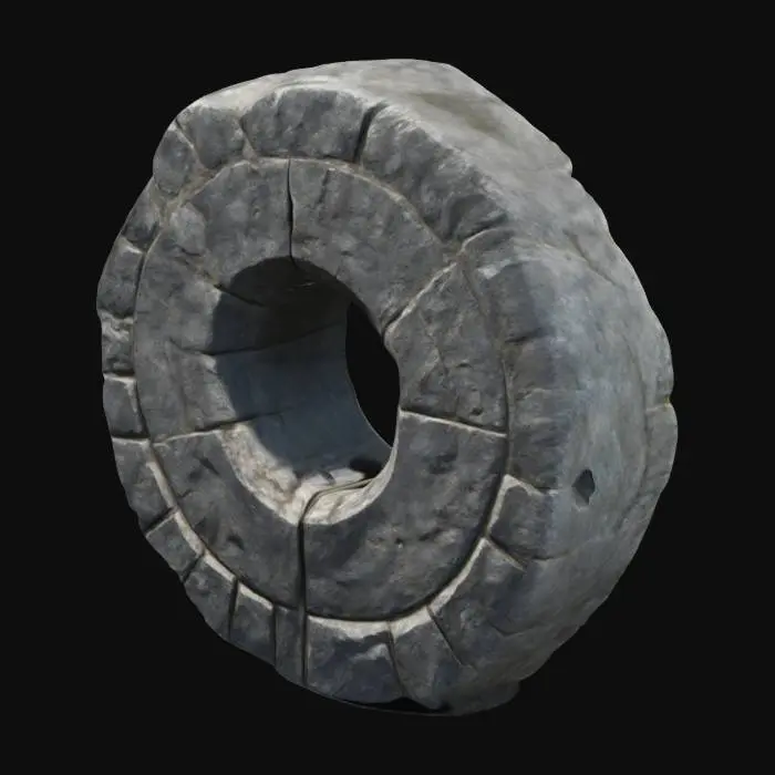 3D model for medieval millstone. hole in the middle. leaning. bright grey stone. granite. in the style of a game asset. unreal engine. detailed rendering. rich texture with high contrasts.