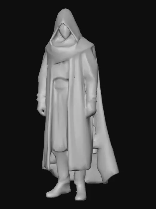 3D model for #villain#, A tall man in a long charcoal-black hooded cloak, standing in a dark space. His clothes are matte, with soft folds, without gloss. The face is partially hidden by shadows, but the eyes are visible, which glow with a dead gray or silver-ashen light. A thick black fog swirls around the body, like a viscous haze that seems to stretch outwards and distort space. The atmosphere is gloomy, with a slight cold illumination from below or behind for contrast. The style of the image is realistic dark fantasy, high detail, dramatic lighting, a sense of power and threat.