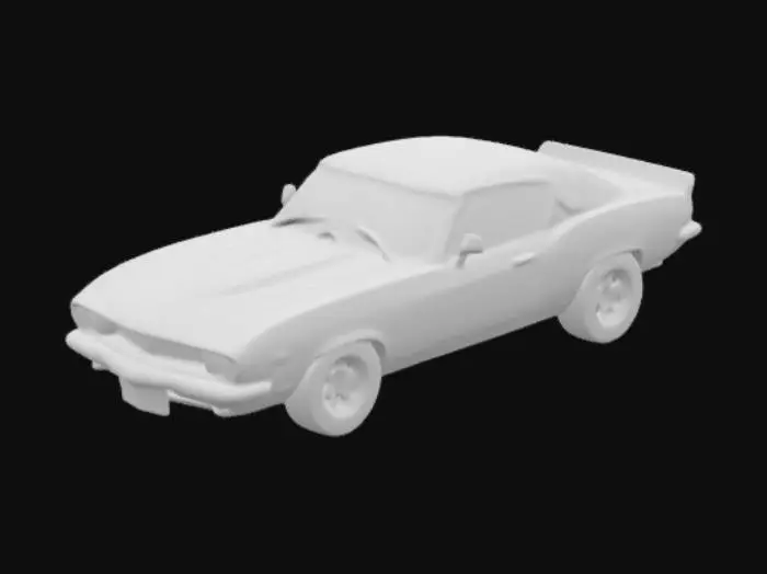 3D model for A midnight reflective purple 1967 Chevrolet Camaro with a long hood, short back, and low to the ground.
