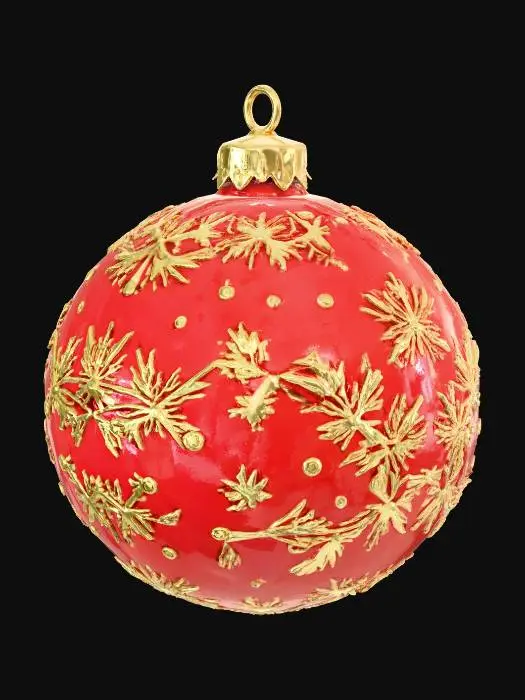 3D model for A festive Christmas ornament: a glossy red glass ball with golden snowflake patterns etched across its surface. At the top, a shiny metallic cap holds a delicate loop for hanging. The sphere reflects warm light, giving it a magical glow, perfect for a tree or holiday display.
, #Christmas2025#