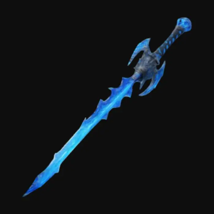 3D model for “Icy flame,” a sword with blue flames, an exhaust pipe where the fire comes out on the sword. The handle is frozen with ice.