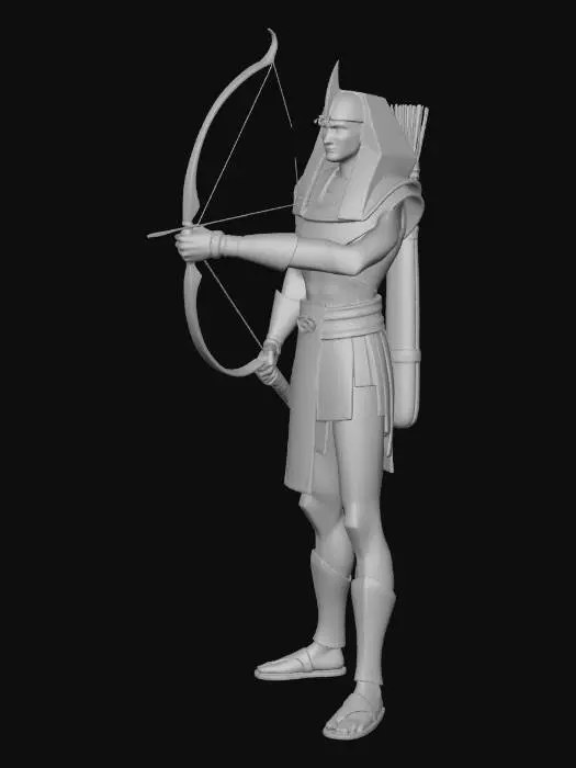 3D model for A low-poly ancient Egyptian archer, characterized by sharp, angular facets and simplified geometric forms for the body and attire. The figure is rendered in muted, earthy tones of sand and terracotta, with blocky dark bronze for equipment like the bow and armguards. The surface appears smooth and hard, emphasizing its digital, stylized nature without intricate textures, capturing a distinct, modern-retro aesthetic.