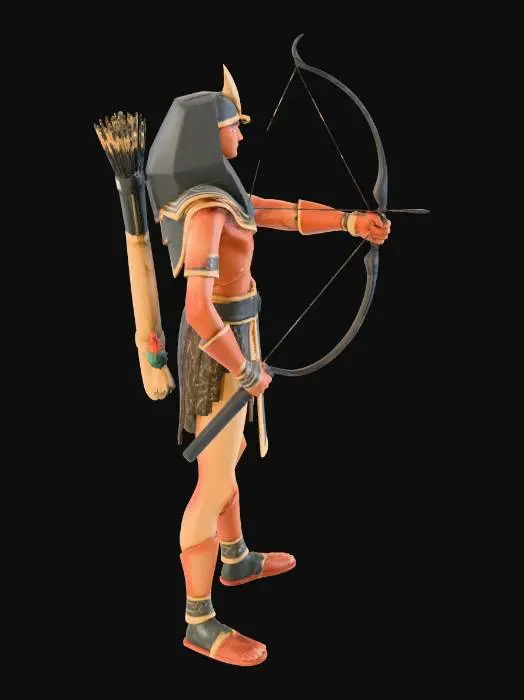 3D model for A low-poly ancient Egyptian archer, characterized by sharp, angular facets and simplified geometric forms for the body and attire. The figure is rendered in muted, earthy tones of sand and terracotta, with blocky dark bronze for equipment like the bow and armguards. The surface appears smooth and hard, emphasizing its digital, stylized nature without intricate textures, capturing a distinct, modern-retro aesthetic.