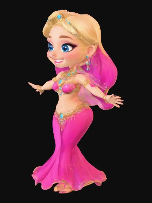 3D model for A beautiful belly dancer, pink costume, gold accents, gold jewelery, cartoon style, cute, best quality, blonde hair, blue eyes, cute nose, smiling, happy, dancing with arms extended.
