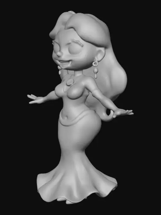 3D model for A beautiful belly dancer, pink costume, gold accents, gold jewelery, cartoon style, cute, best quality, blonde hair, blue eyes, cute nose, smiling, happy, dancing with arms extended.