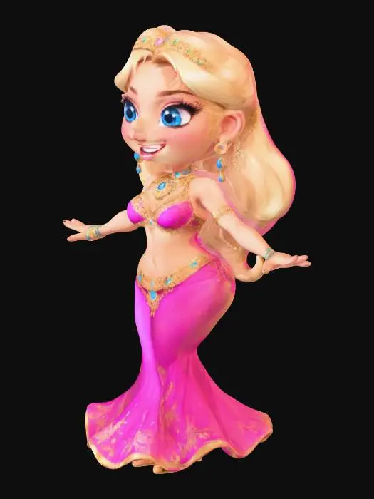3D model for A beautiful belly dancer, pink costume, gold accents, gold jewelery, cartoon style, cute, best quality, blonde hair, blue eyes, cute nose, smiling, happy, dancing with arms extended.