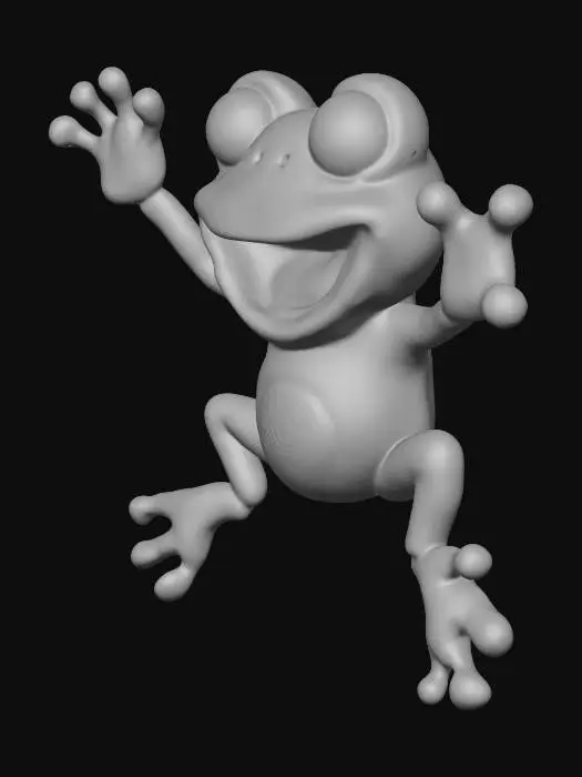 3D model for cartoon Frog, mouth open, jumping, in the air, legs extended