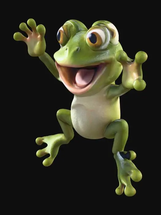 3D model for cartoon Frog, mouth open, jumping, in the air, legs extended