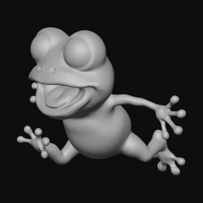 3D model for cartoon Frog, mouth open, jumping, in the air, legs extended