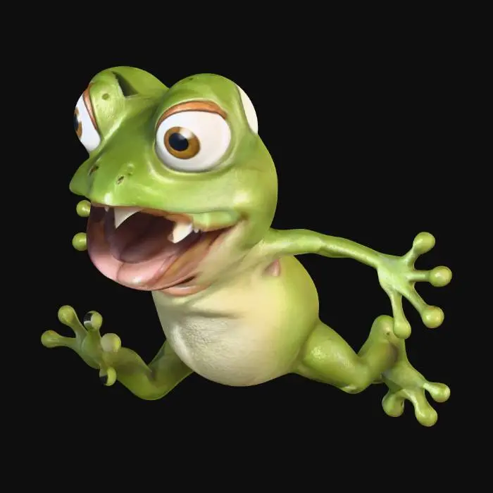 3D model for cartoon Frog, mouth open, jumping, in the air, legs extended