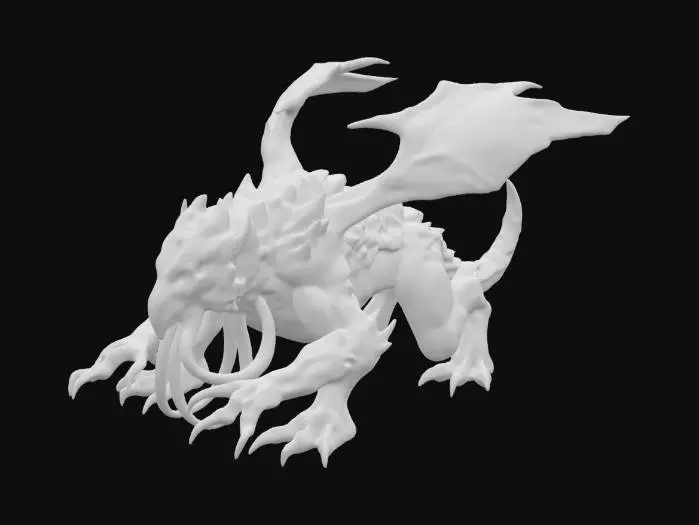 3D model for A massive, shadowy beast with obsidian-like scales that absorb light, It has six piercing eyes and a maw.
It's body has flowing tentacles. It's paw ending in sharp claws.