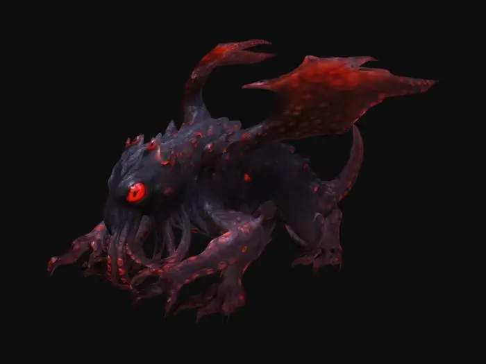 3D model for A massive, shadowy beast with obsidian-like scales that absorb light, It has six piercing eyes and a maw.
It's body has flowing tentacles. It's paw ending in sharp claws.