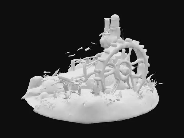 3D model for #garden#, steampunk garden scene with a small bridge over a little stream 