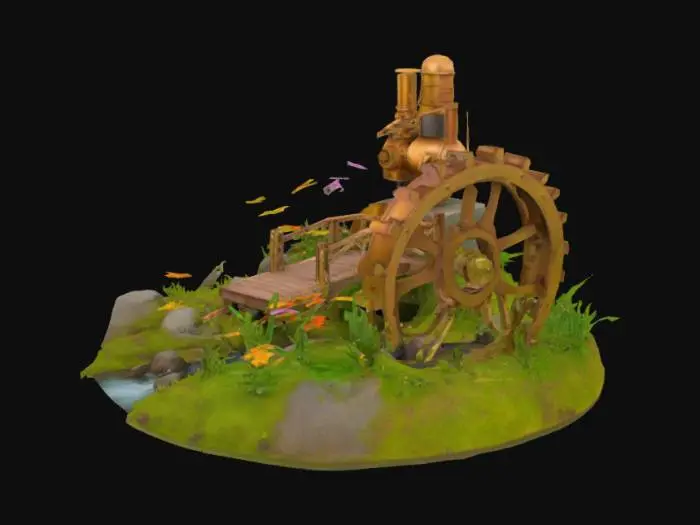 3D model for #garden#, steampunk garden scene with a small bridge over a little stream 