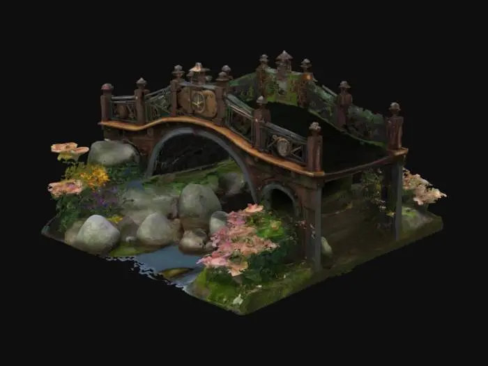 3D model for #garden#, steampunk garden scene with a small bridge over a little stream 