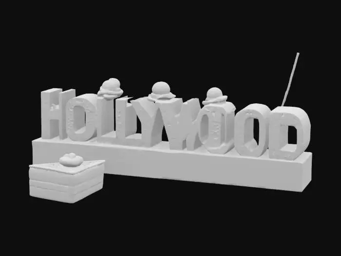 3D model for #AroundTheWorld#, Hollywood sign made out of cake slices with frosting 