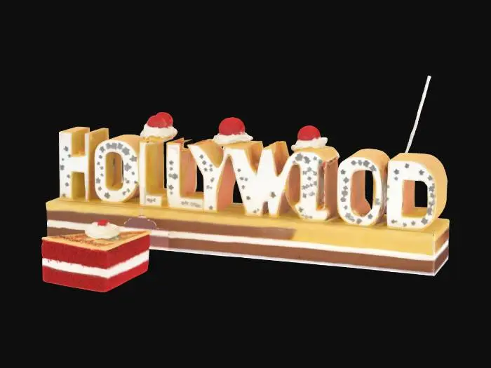 3D model for #AroundTheWorld#, Hollywood sign made out of cake slices with frosting 