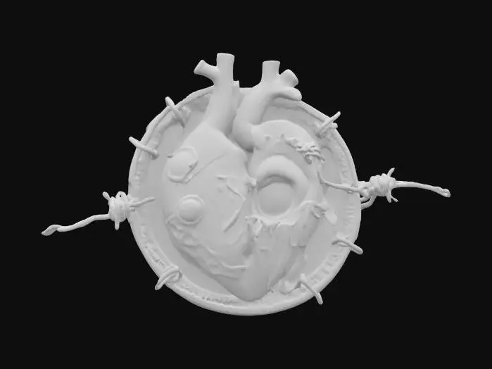 3D model for Coin with a realistic heart torn down the middle with barbed wire surrounding it on the front and bleeding eye on the back 