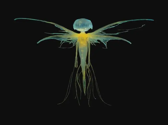 3D model for Type: Minor spirit-beast
Size: Palm-sized, about 6–8 inches across
Appearance: A semi-transparent, glowing creature resembling a cross between a jellyfish, a moth, and a dandelion seed. Its body pulses with soft bioluminescence—usually pale green, blue, or gold—and it leaves behind faint trails of glittering particles as it drifts.