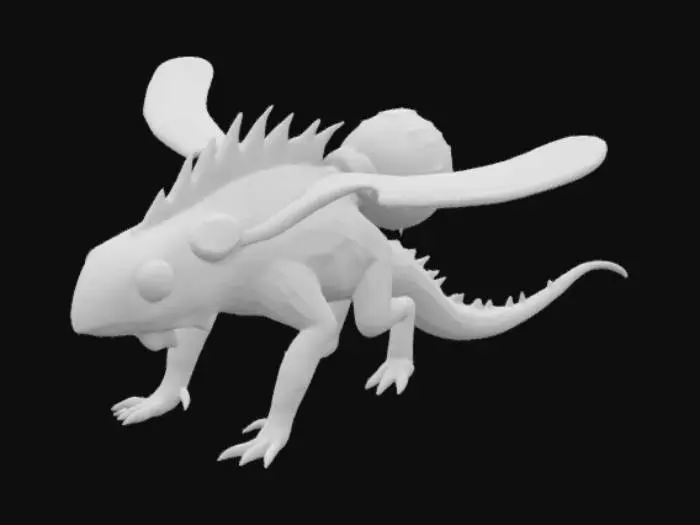 3D model for Description: The Aetherbulb is a gentle, gliding beast known for its oddly inflatable head sac. When it receives compliments or affectionate words, its head expands with a glowing gas, allowing it to float short distances or glide gracefully across terrain. Its skin is semi-scaled with subtle bioluminescent patterns along the spine, often shifting color based on its mood.
